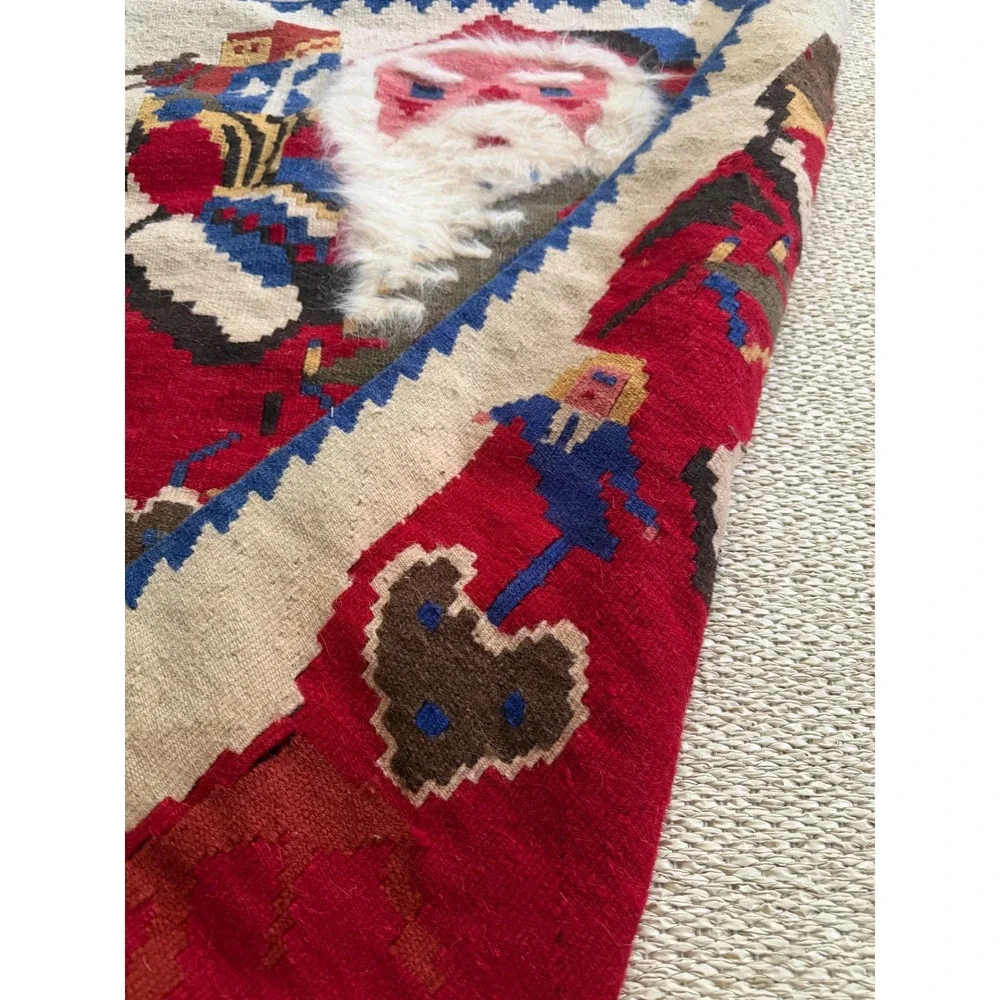 Vintage Handwoven Wool Santa Claus Tapestry Wall 30x50 Folk Art Christmas Rug